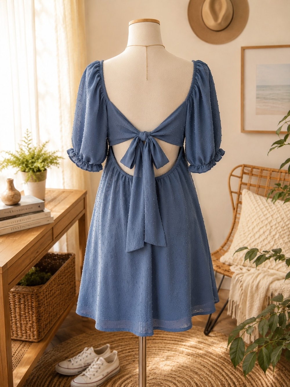 Altar'd State Dusty Blue Back-Tie Puff Sleeve Dress